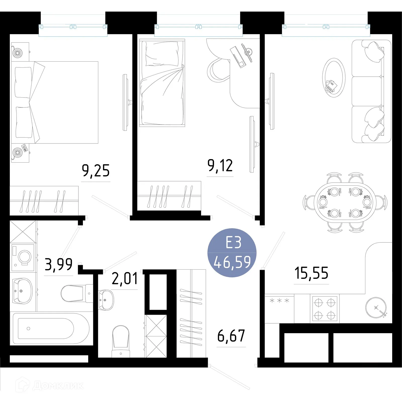Планировка 2-комнатной квартиры 46.59 м² в Живи, г. Рязань — фото 1