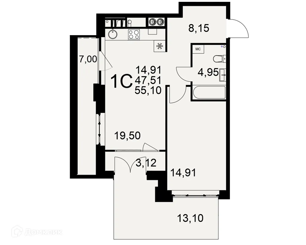Планировка 1-комнатной квартиры 55.1 м² в ЖК «Медиана», г. Рязань — фото 1