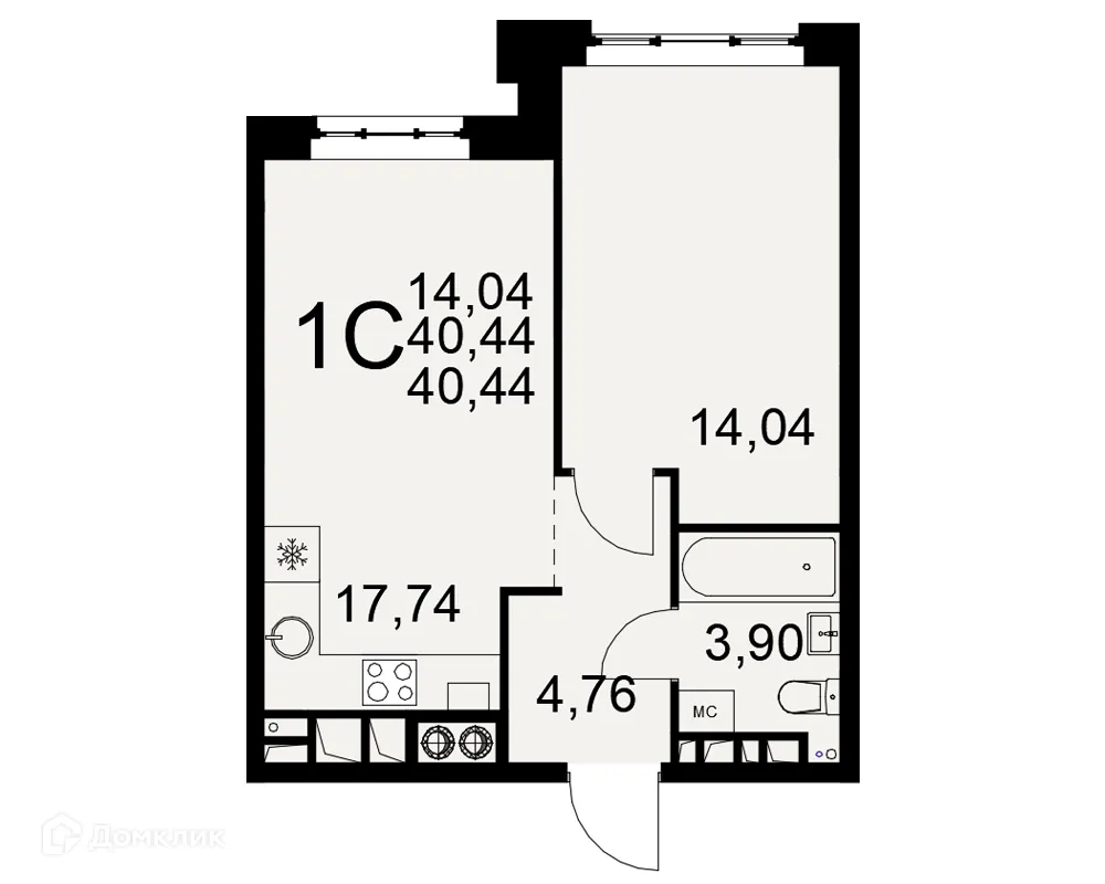 Планировка 1-комнатной квартиры 40.44 м² в ЖК «Медиана», г. Рязань — фото 1