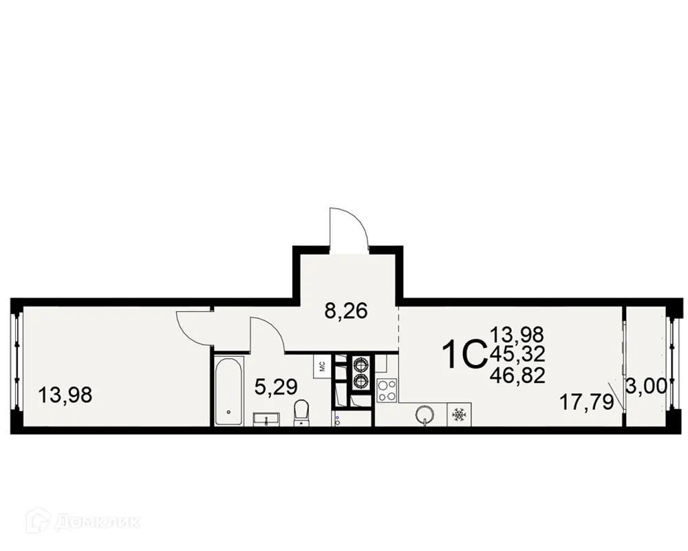 Планировка 1-комнатной квартиры 46.82 м² в ЖК «Медиана», г. Рязань — фото 1