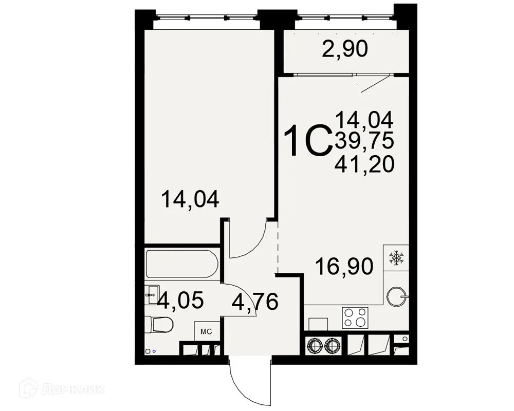 Планировка 1-комнатной квартиры 41.2 м² в ЖК «Медиана», г. Рязань — фото 1