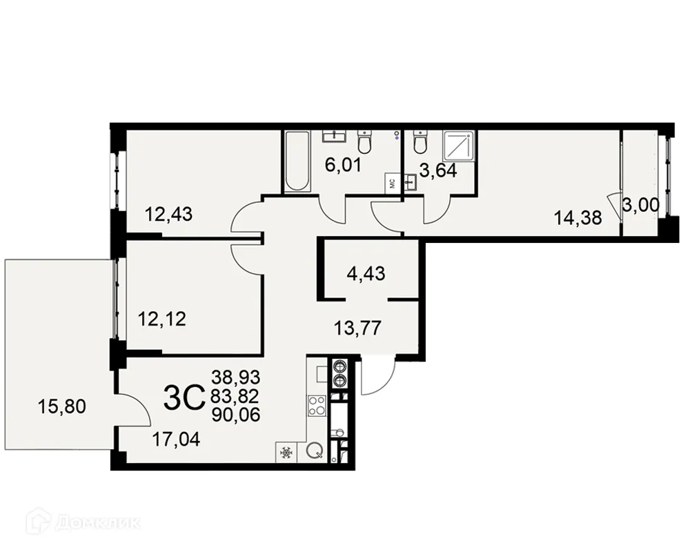Планировка 3-комнатной квартиры 90.06 м² в ЖК «Медиана», г. Рязань — фото 1