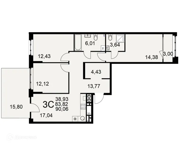 Планировка 3 комн. в ЖК «Медиана»