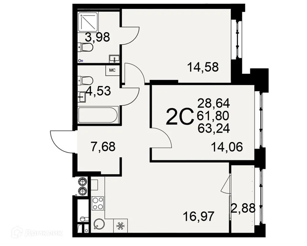 Планировка 2-комнатной квартиры 63.24 м² в ЖК «Медиана», г. Рязань — фото 1