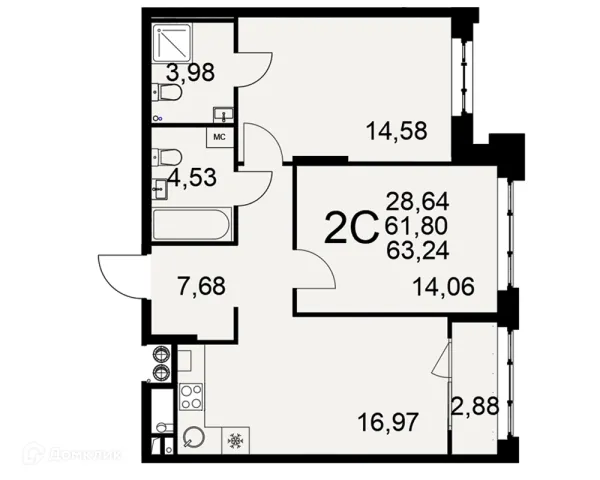 Планировка 2 комн. в ЖК «Медиана»