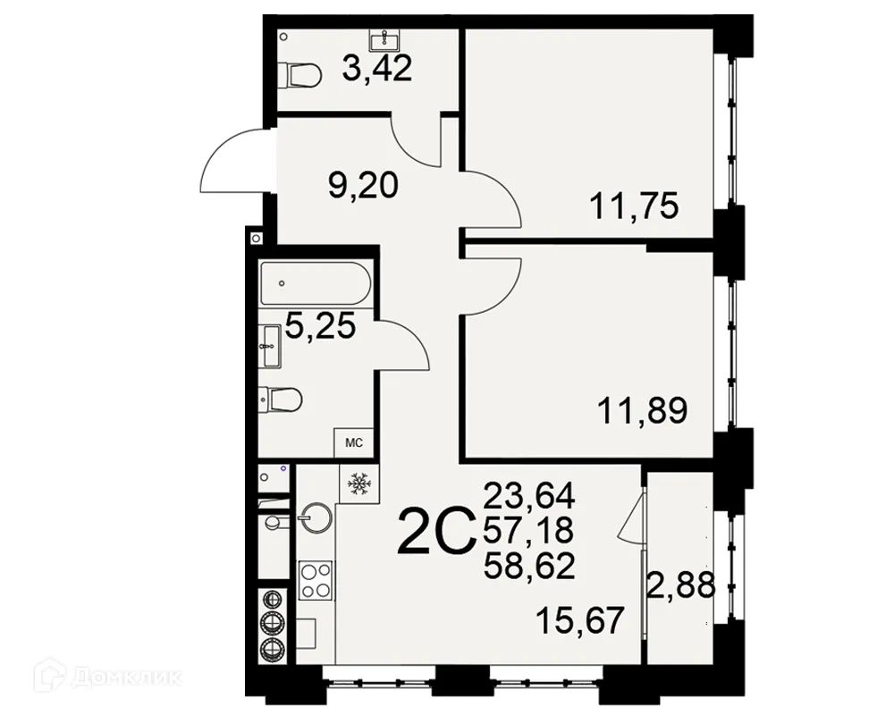 Планировка 2-комнатной квартиры 58.62 м² в ЖК «Медиана», г. Рязань — фото 1