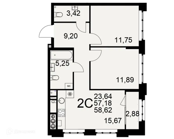 Планировка 2 комн. в ЖК «Медиана»