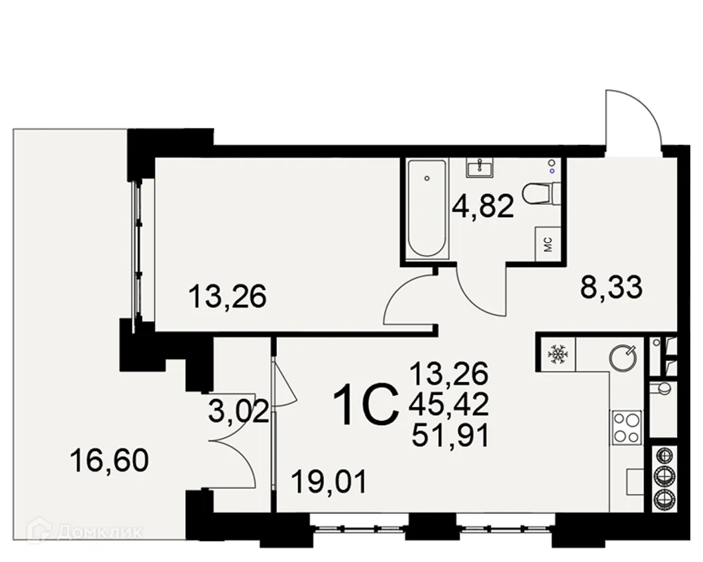 Планировка 1-комнатной квартиры 51.91 м² в ЖК «Медиана», г. Рязань — фото 1