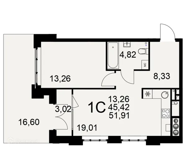 Планировка 1 комн. в ЖК «Медиана»