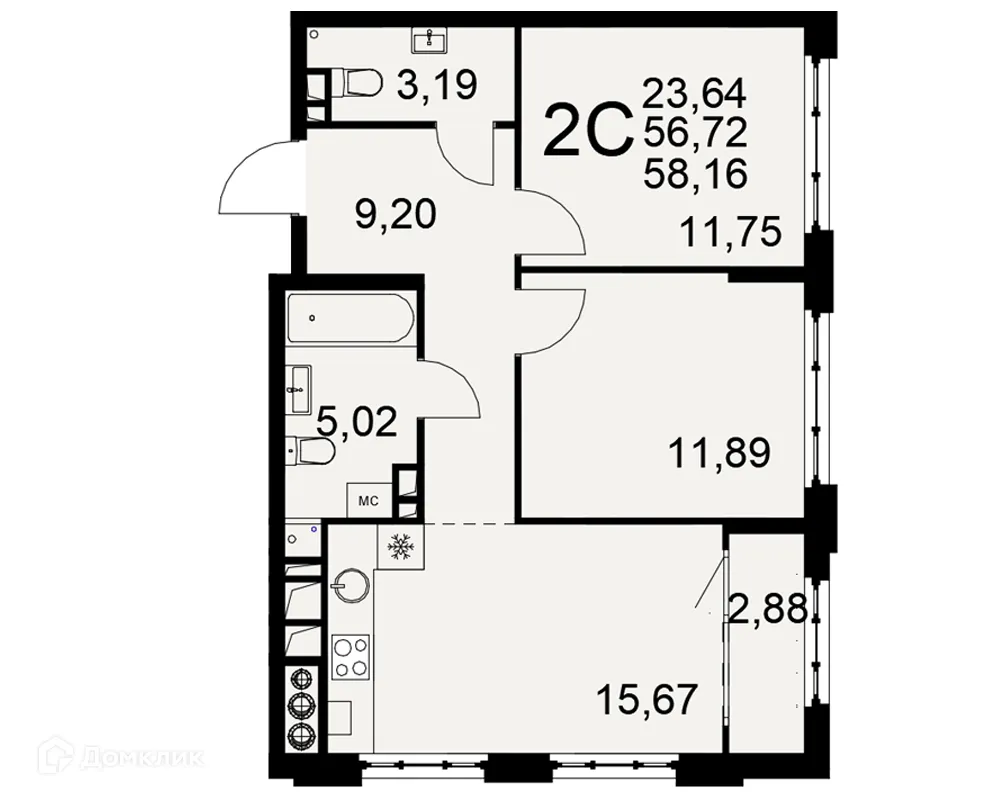 Планировка 2-комнатной квартиры 58.16 м² в ЖК «Медиана», г. Рязань — фото 1