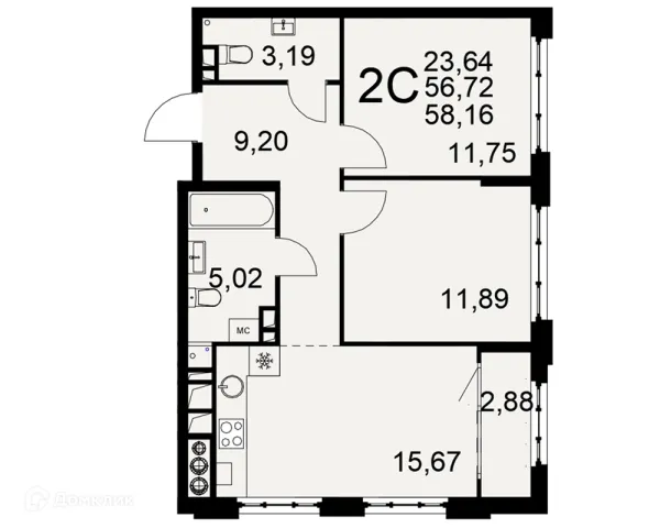 Планировка 2 комн. в ЖК «Медиана»