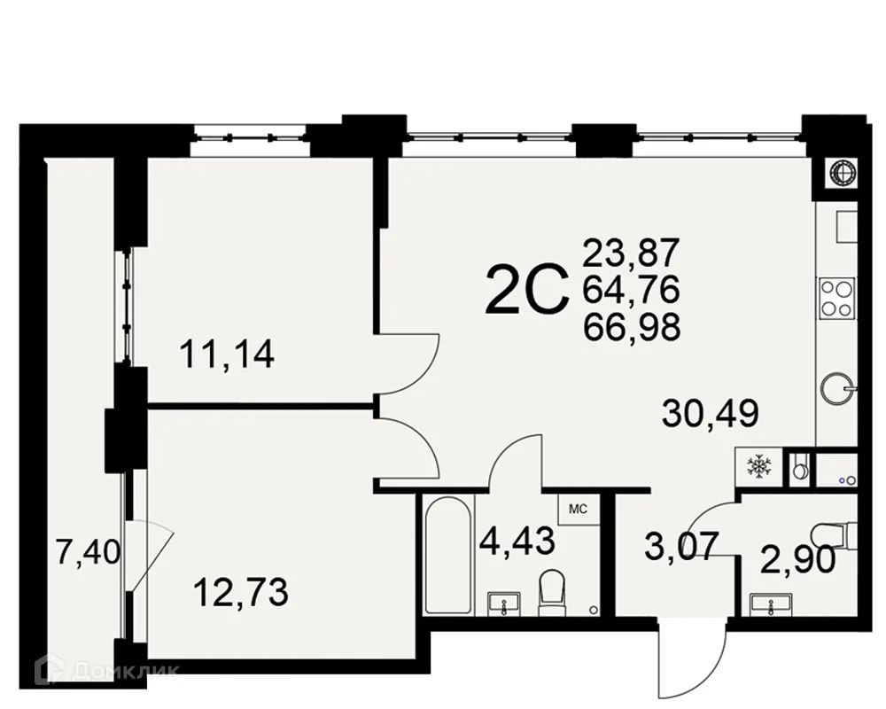 Планировка 2-комнатной квартиры 66.98 м² в ЖК «Медиана», г. Рязань — фото 1