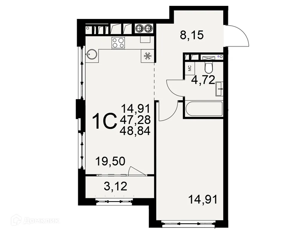 Планировка 1-комнатной квартиры 48.84 м² в ЖК «Медиана», г. Рязань — фото 1