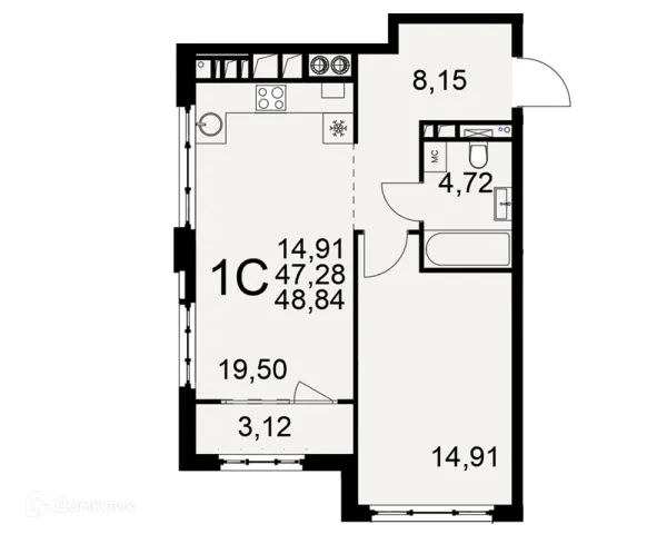Планировка 1 комн. в ЖК «Медиана»