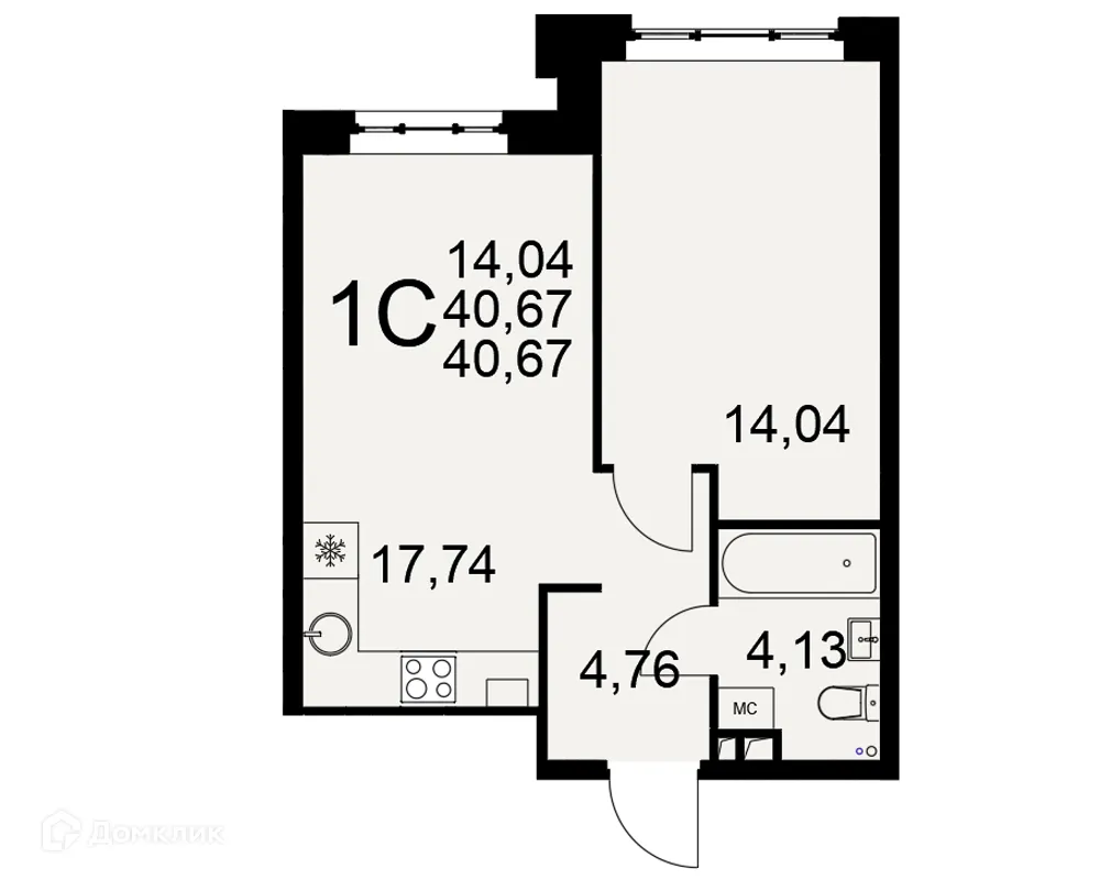 Планировка 1-комнатной квартиры 40.67 м² в ЖК «Медиана», г. Рязань — фото 1
