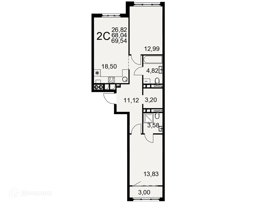 Планировка 2-комнатной квартиры 69.54 м² в ЖК «Медиана», г. Рязань — фото 1