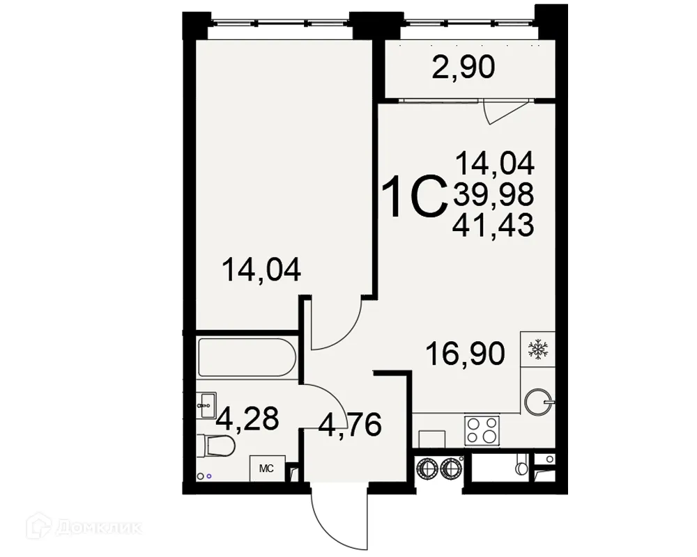 Планировка 1-комнатной квартиры 41.43 м² в ЖК «Медиана», г. Рязань — фото 1