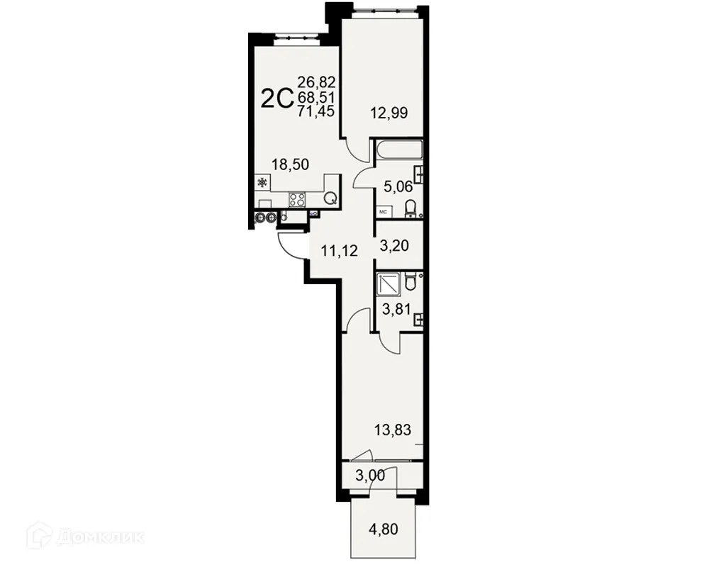 Планировка 2-комнатной квартиры 71.45 м² в ЖК «Медиана», г. Рязань — фото 1