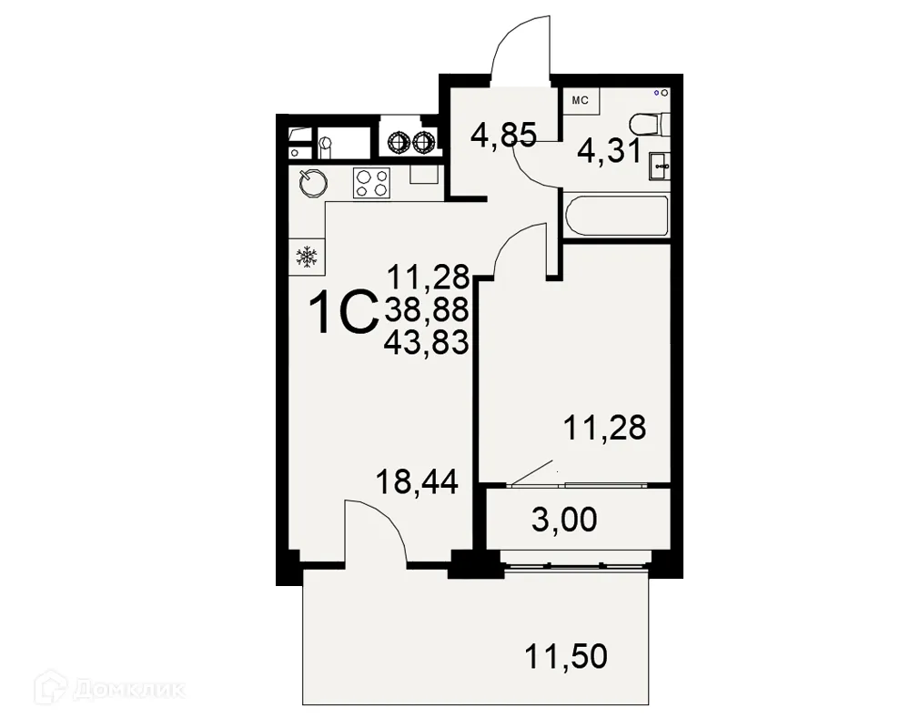 Планировка 1-комнатной квартиры 43.83 м² в ЖК «Медиана», г. Рязань — фото 1
