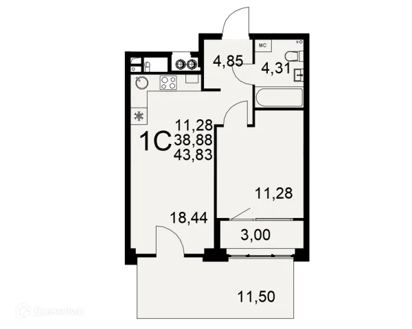 Планировка 1 комн. в ЖК «Медиана»