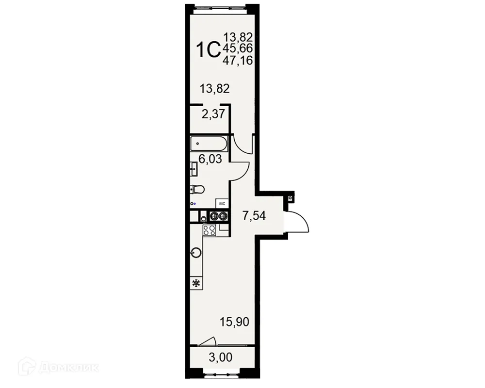 Планировка 1-комнатной квартиры 47.16 м² в ЖК «Медиана», г. Рязань — фото 1
