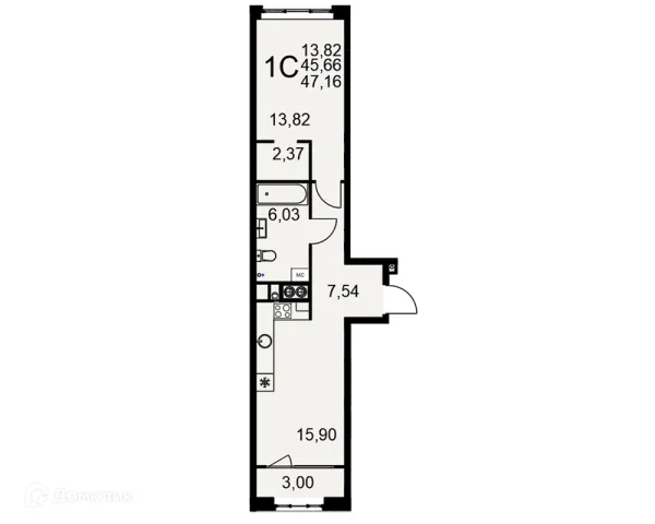 Планировка 1 комн. в ЖК «Медиана»
