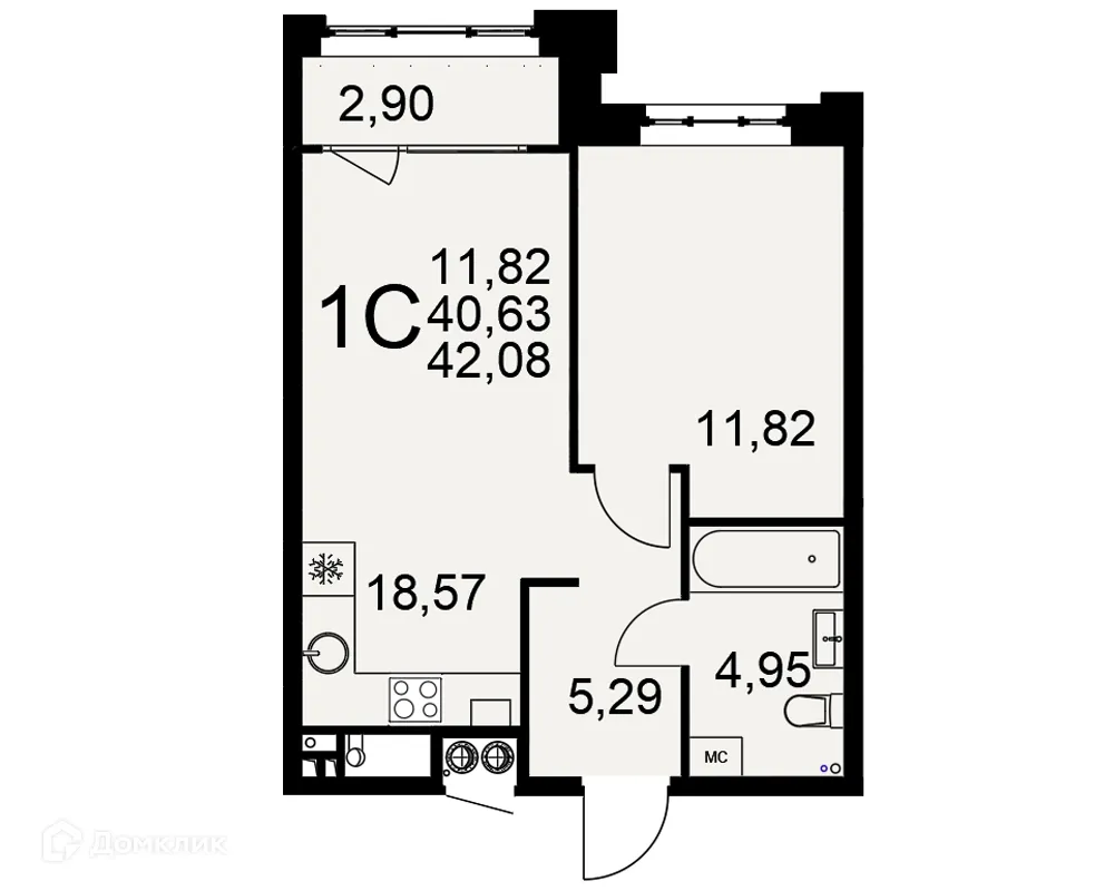 Планировка 1-комнатной квартиры 42.08 м² в ЖК «Медиана», г. Рязань — фото 1