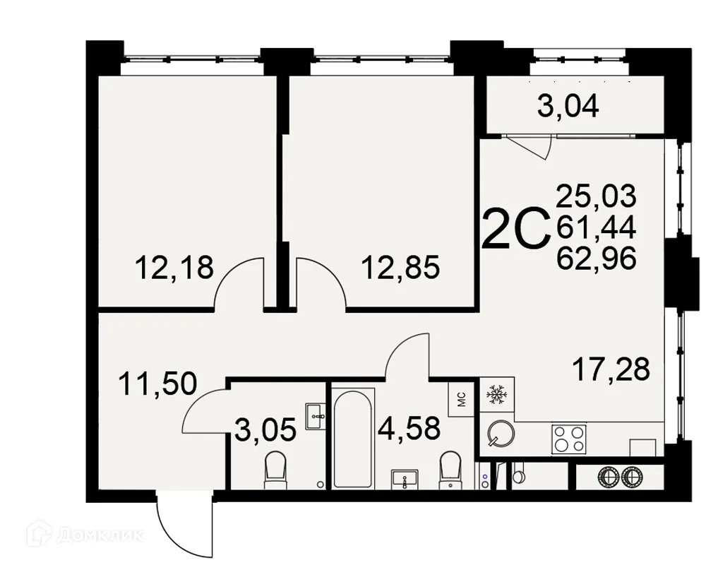 Планировка 2-комнатной квартиры 62.96 м² в ЖК «Медиана», г. Рязань — фото 1