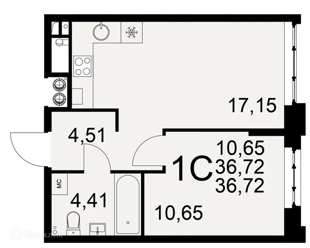 Планировка 1-комнатной квартиры 36.72 м² в ЖК «Медиана», г. Рязань — фото 1