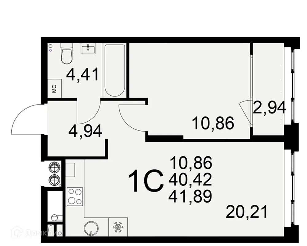 Планировка 1-комнатной квартиры 41.89 м² в ЖК «Медиана», г. Рязань — фото 1