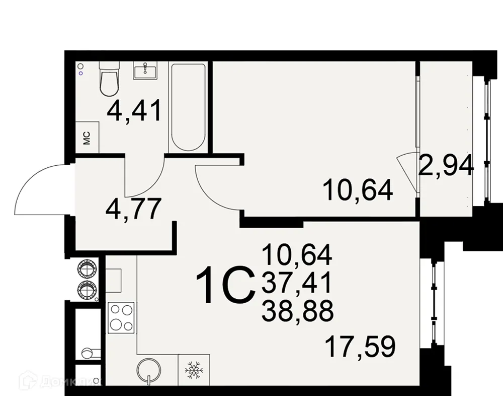 Планировка 1-комнатной квартиры 38.88 м² в ЖК «Медиана», г. Рязань — фото 1