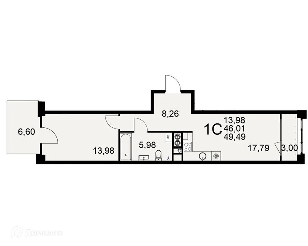 Планировка 1-комнатной квартиры 49.49 м² в ЖК «Медиана», г. Рязань — фото 1