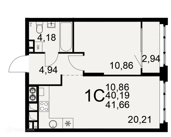 Планировка 1 комн. в ЖК «Медиана»