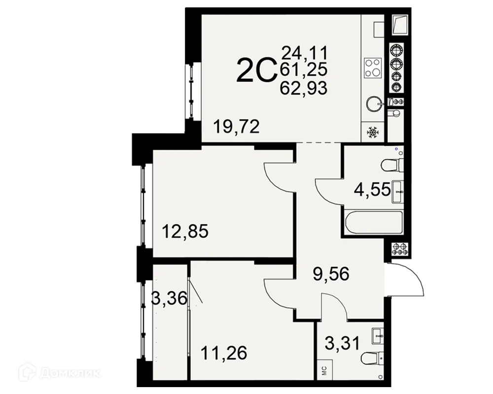 Планировка 2-комнатной квартиры 62.93 м² в ЖК «Медиана», г. Рязань — фото 1
