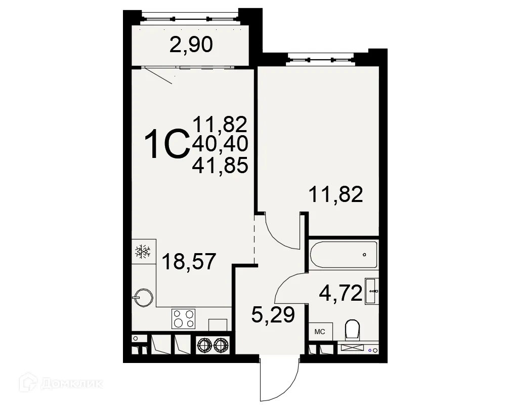Планировка 1-комнатной квартиры 41.85 м² в ЖК «Медиана», г. Рязань — фото 1