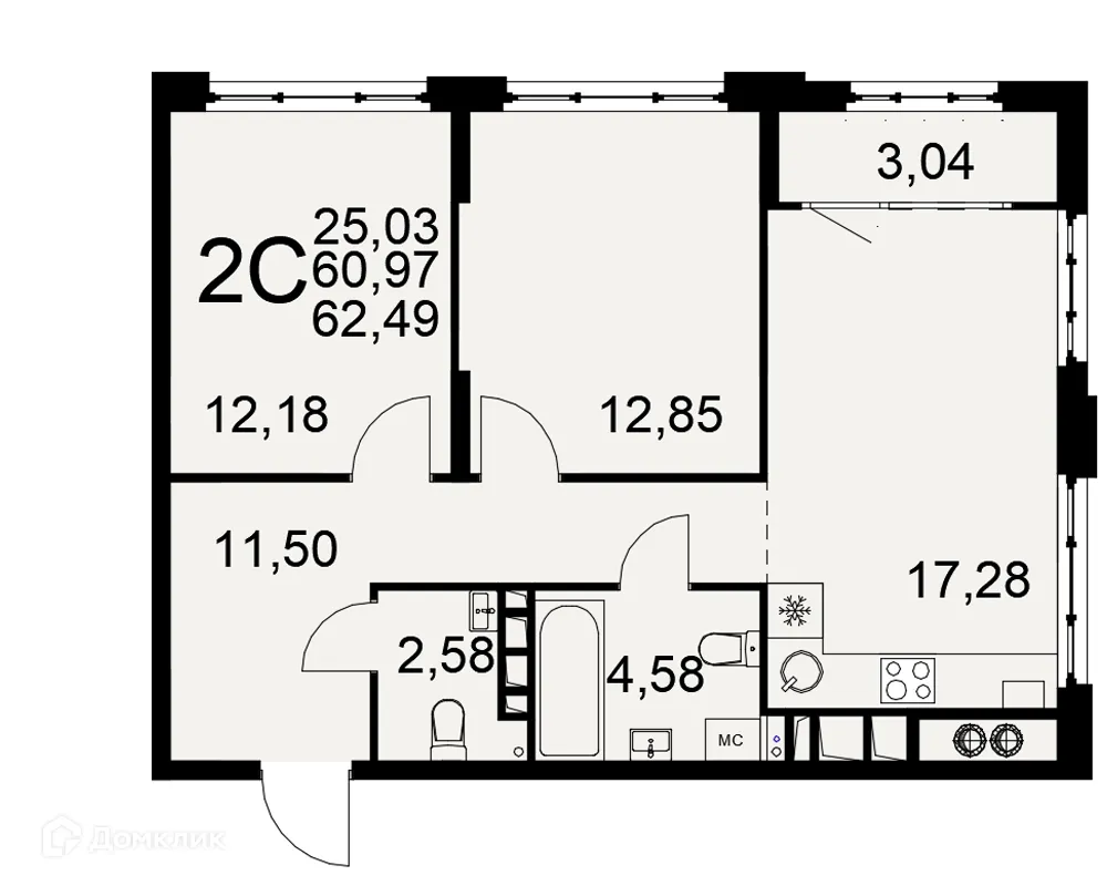 Планировка 2-комнатной квартиры 62.49 м² в ЖК «Медиана», г. Рязань — фото 1