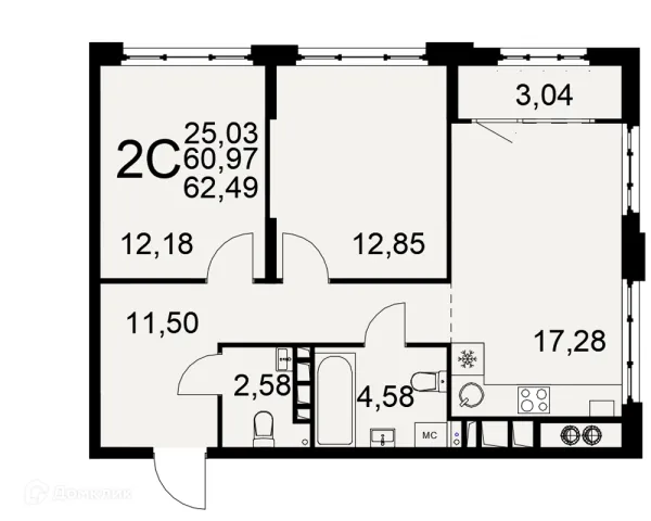Планировка 2 комн. в ЖК «Медиана»