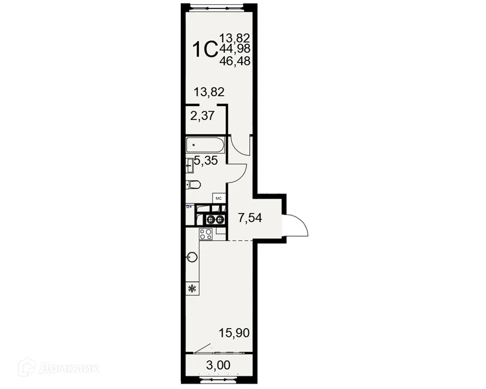 Планировка 1-комнатной квартиры 46.48 м² в ЖК «Медиана», г. Рязань — фото 1