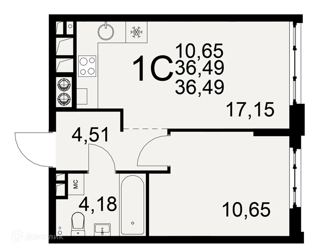 Планировка 1-комнатной квартиры 36.49 м² в ЖК «Медиана», г. Рязань — фото 1