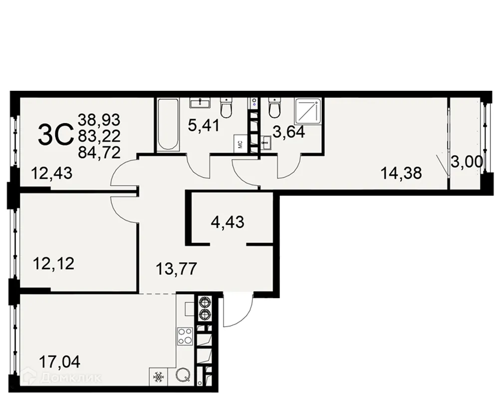 Планировка 3-комнатной квартиры 84.72 м² в ЖК «Медиана», г. Рязань — фото 1