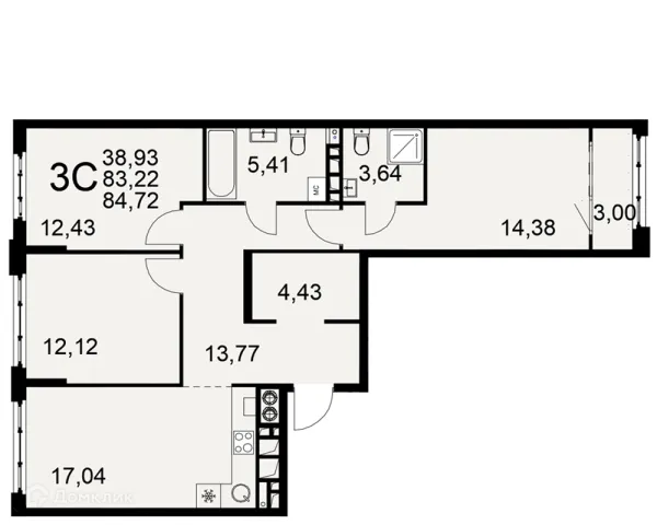 Планировка 3 комн. в ЖК «Медиана»