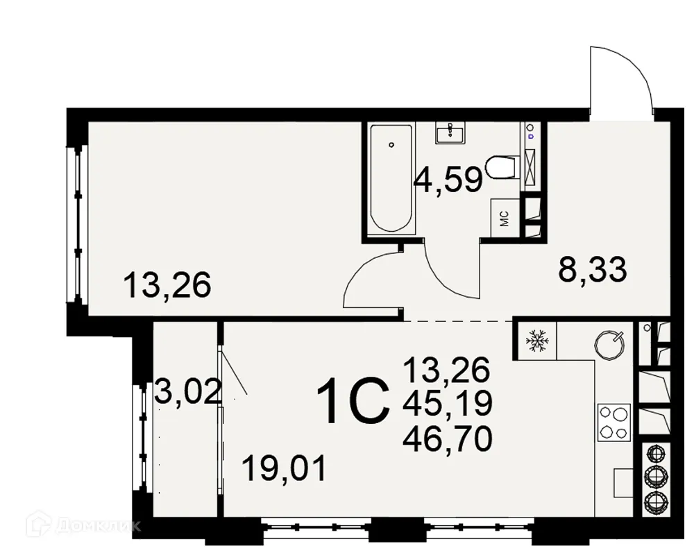 Планировка 1-комнатной квартиры 46.7 м² в ЖК «Медиана», г. Рязань — фото 1