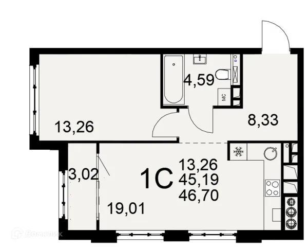 Планировка 1 комн. в ЖК «Медиана»