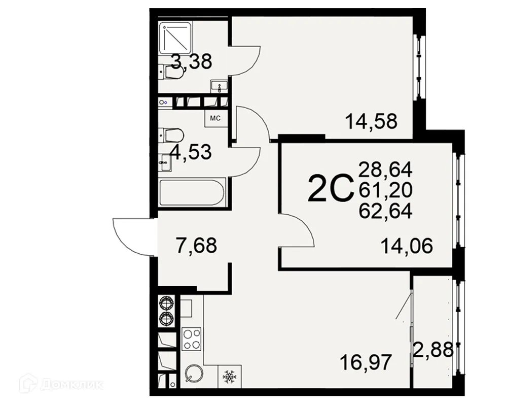 Планировка 2-комнатной квартиры 62.64 м² в ЖК «Медиана», г. Рязань — фото 1