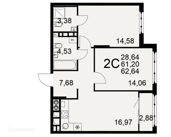 Планировка 2 комн. в ЖК «Медиана»