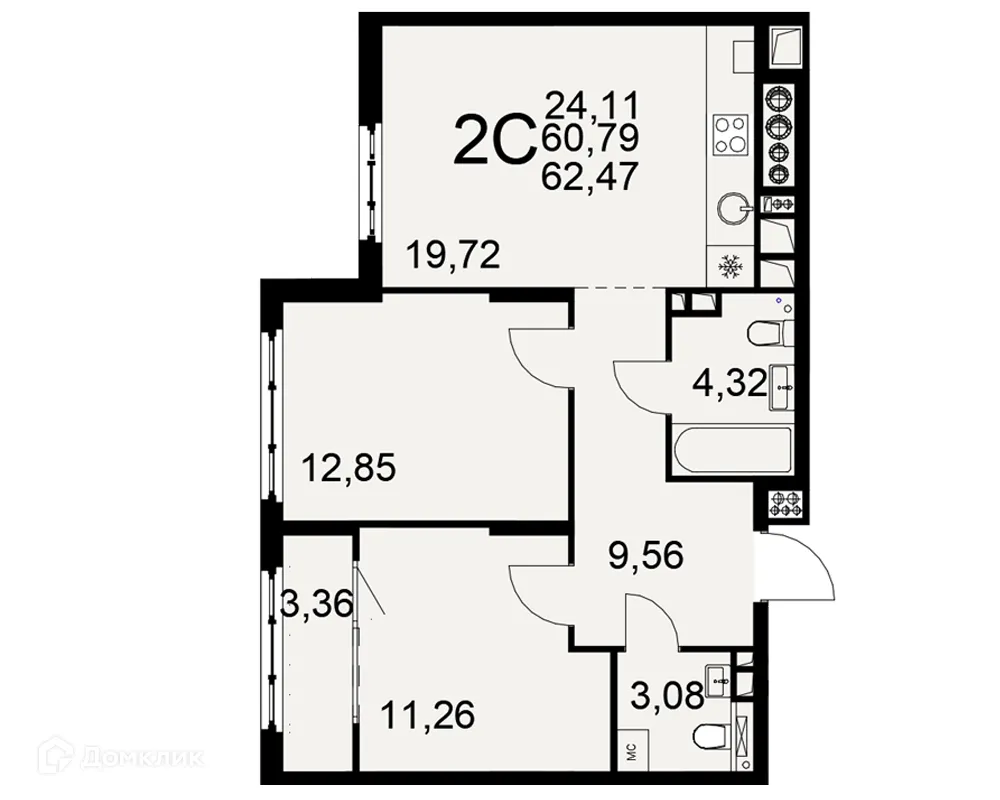 Планировка 2-комнатной квартиры 62.47 м² в ЖК «Медиана», г. Рязань — фото 1