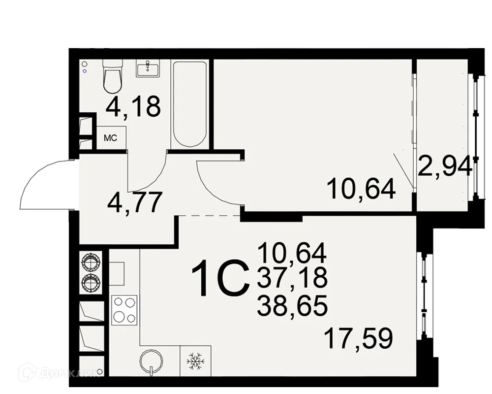 Планировка 1-комнатной квартиры 38.65 м² в ЖК «Медиана», г. Рязань — фото 1