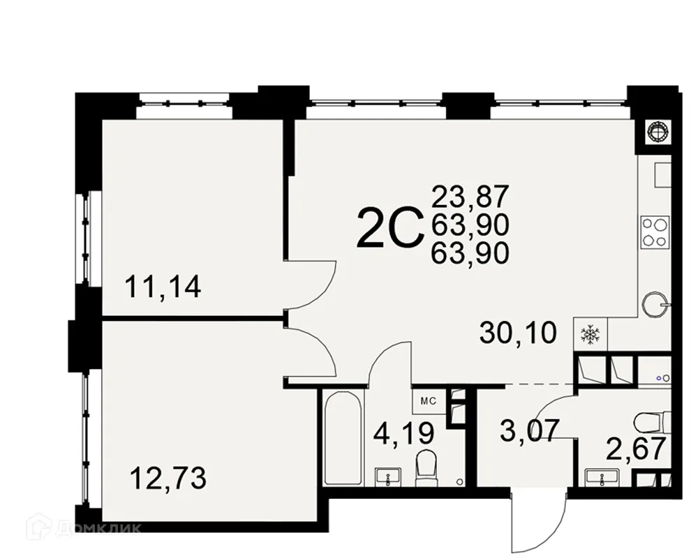Планировка 2-комнатной квартиры 63.9 м² в ЖК «Медиана», г. Рязань — фото 1