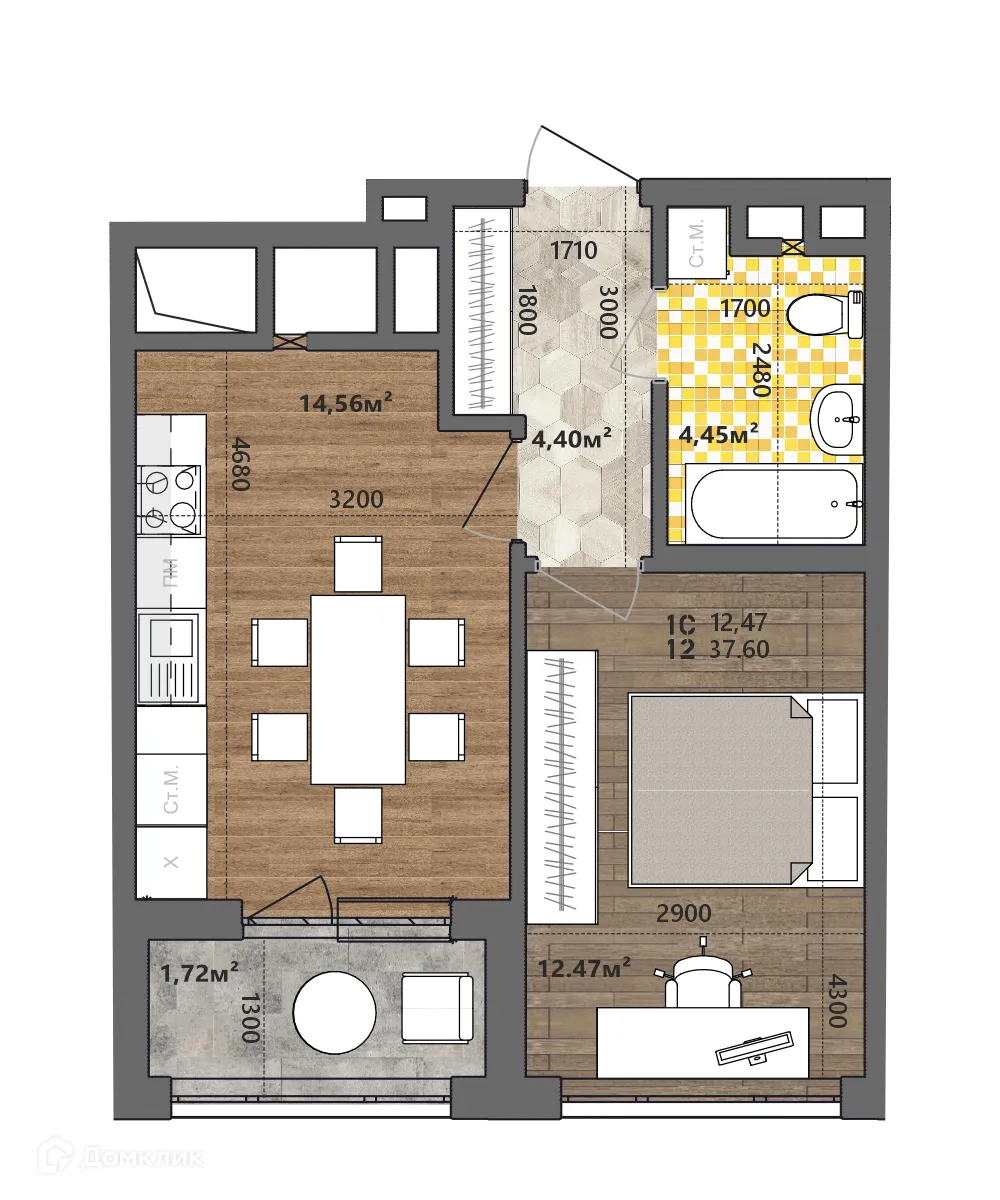 Планировка 1-комнатной квартиры 37.6 м² в ЖК Счастье II, г. Рязань — фото 1
