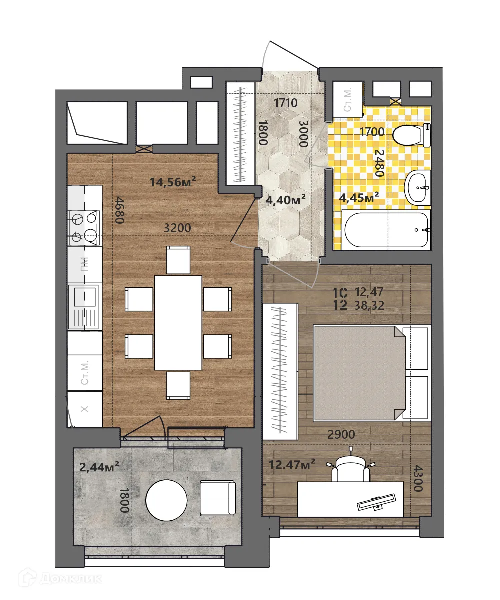 Планировка 1-комнатной квартиры 38.32 м² в ЖК Счастье II, г. Рязань — фото 1